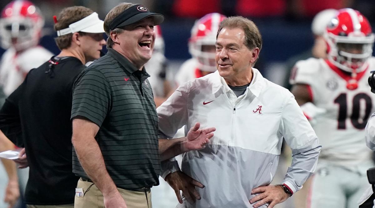 FILE - Georgia offensive lineman Warren Ericson (50) and Alabama wide receiver Slade Bolden (18) play during the second half of the Southeastern Conference championship NCAA college football game, Saturday, Dec. 4, 2021, in Atlanta. Those Georgia Bulldogs aren't the only ones having a devil of a time beating fellow Southeastern Conference powerhouse Alabama. They're just the only one that gets another shot in the biggest game of them all.