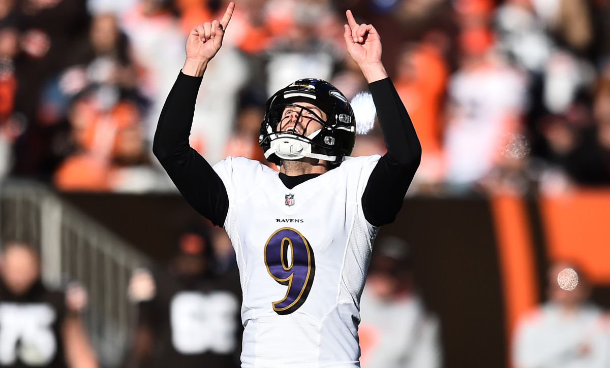 Baltimore Ravens kicker Justin Tucker (9) celebrates after kicking a field goal during the second quarter against the Cleveland Browns at FirstEnergy Stadium.