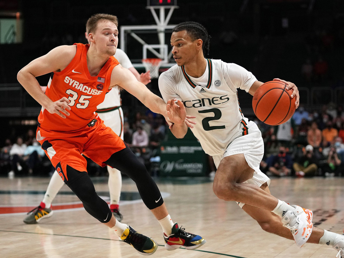 Miami's Isaiah Wong dribbles