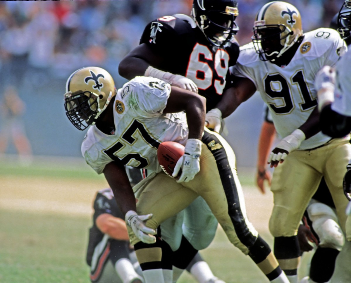 Sep 29, 1991; Atlanta, GA, USA; FILE PHOTO; New Orleans Saints linebacker (57) Rickey Jackson recovers a fumble against the Atlanta Falcons. Mandatory Credit: Manny Rubio-USA TODAY Sports 