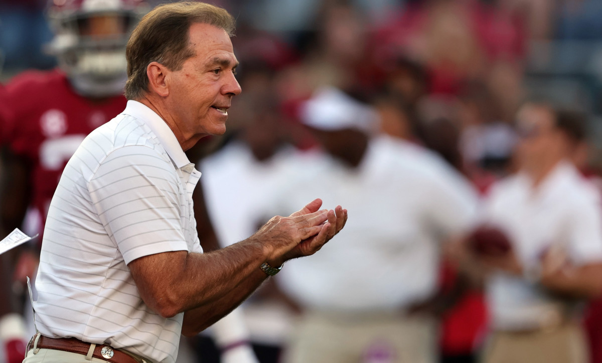 Alabama Crimson Tide head coach Nick Saban before the start of an NCAA college football game against the Tennessee Volunteers at Bryant-Denny Stadium.