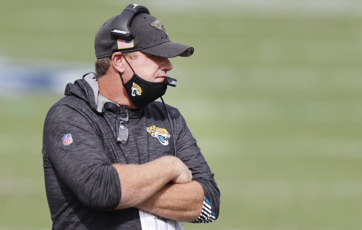 Nov 8, 2020; Jacksonville, Florida, USA; Jacksonville Jaguars offensive coordinator Jay Gruden watches from the sidelines during the second quarter against the Houston Texans at TIAA Bank Field. Mandatory Credit: Reinhold Matay-USA TODAY Sports