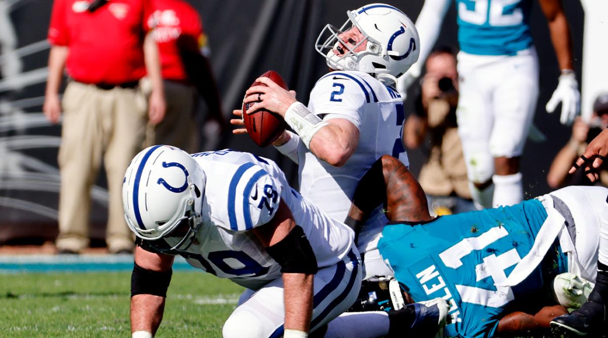 Indianapolis Colts quarterback Carson Wentz (2) is sacked by Jacksonville Jaguars outside linebacker Josh Allen (41) during the first half of an NFL football game, Sunday, Jan. 9, 2022, in Jacksonville, Fla.