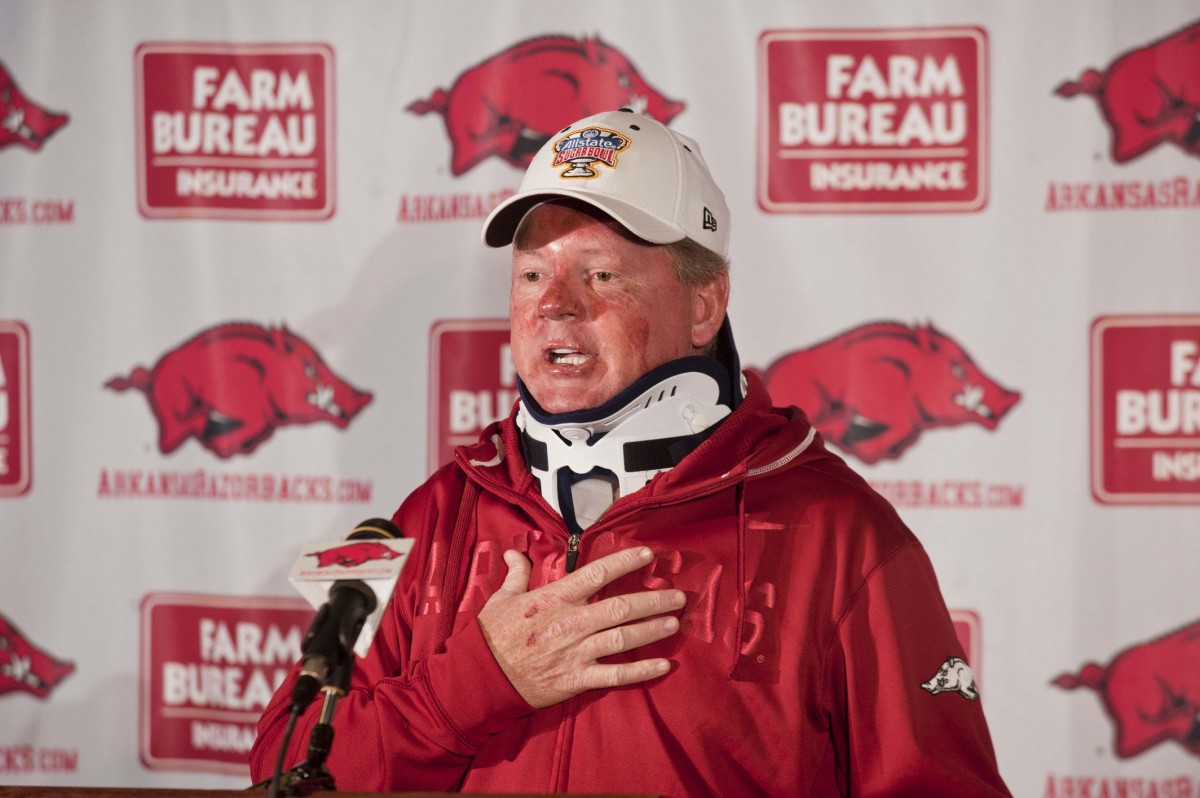 Arkansas Razorback head coach Bobby Petrino speaks at a press conference at Razorback Stadium following a motorcycle accident he sustained on April 1.