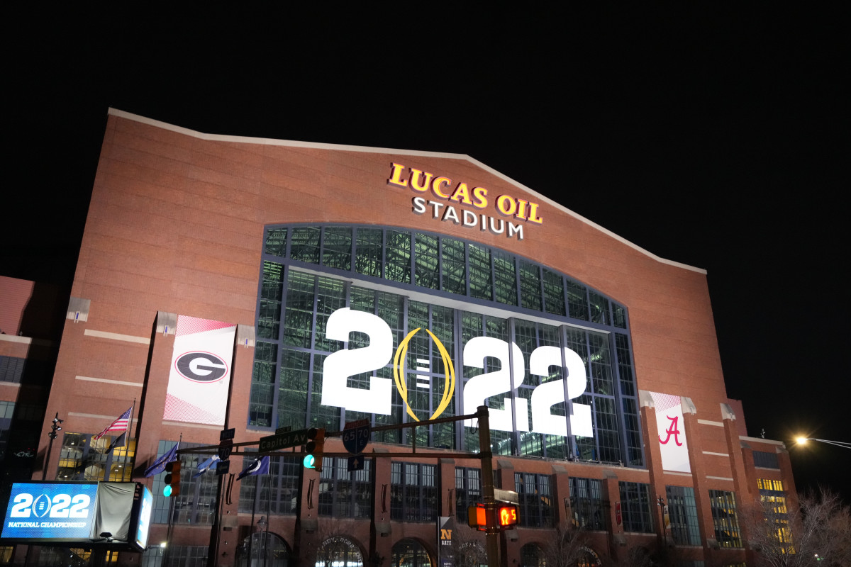 Jan 10, 2022; Indianapolis, Indiana, USA; A general overall view of Lucas Oil Stadium, the site of the 2022 College Football Playoff National Championship between the Alabama Crimson Tide and the Georgia Bulldogs.