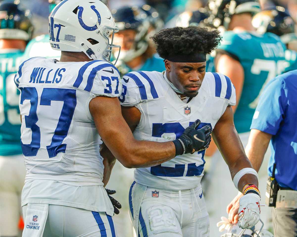 Indianapolis Colts safety Khari Willis (37) and cornerback Kenny Moore II (23) show frustration late in the fourth quarter of the game on Sunday, Jan. 9, 2022, at TIAA Bank Field in Jacksonville, Fla. The Colts lost to the Jaguars, 11-26. The Indianapolis Colts Versus Jacksonville Jaguars On Sunday Jan 9 2022 Tiaa Bank Field In Jacksonville Fla
