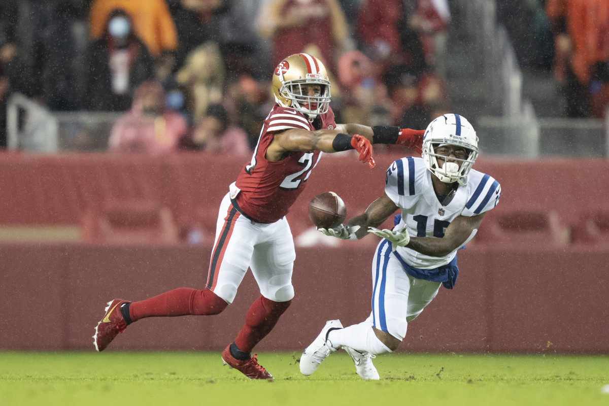 October 24, 2021; Santa Clara, California, USA; San Francisco 49ers defensive back K'Waun Williams (24) is called for pass interference while defending Indianapolis Colts wide receiver Keke Coutee (15) during the first quarter at Levi's Stadium.