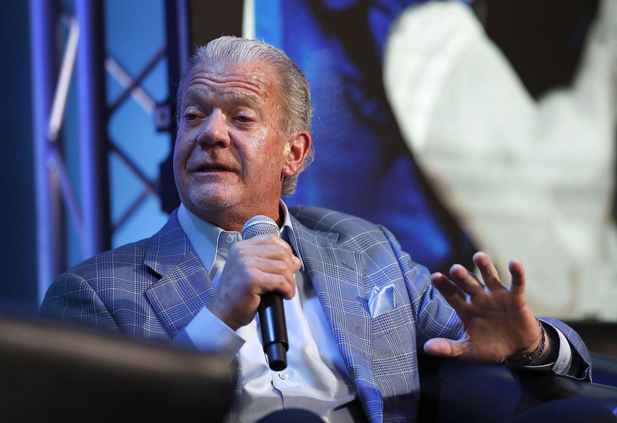 Colts owner Jim Irsay talks to Jeff Saturday during the Colts Town Hall Meeting with their fans and season ticket holders at the Colts Complex Thursday, May 2, 2019. Colts Town Hall Meeting