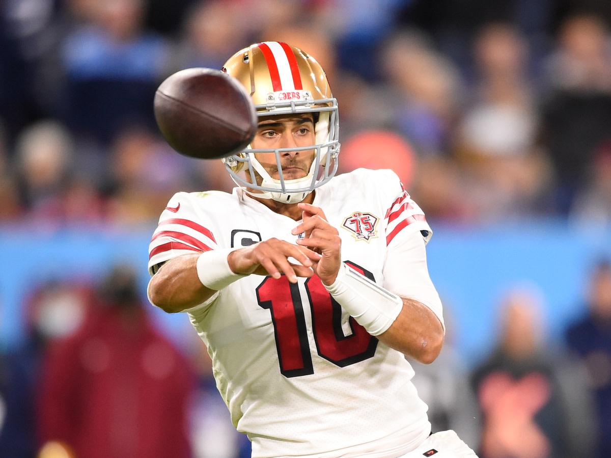Dec 23, 2021; Nashville, Tennessee, USA; San Francisco 49ers quarterback Jimmy Garoppolo (10) throws a pass against the Tennessee Titans during the first half at Nissan Stadium. Mandatory Credit: Steve Roberts-USA TODAY Sports