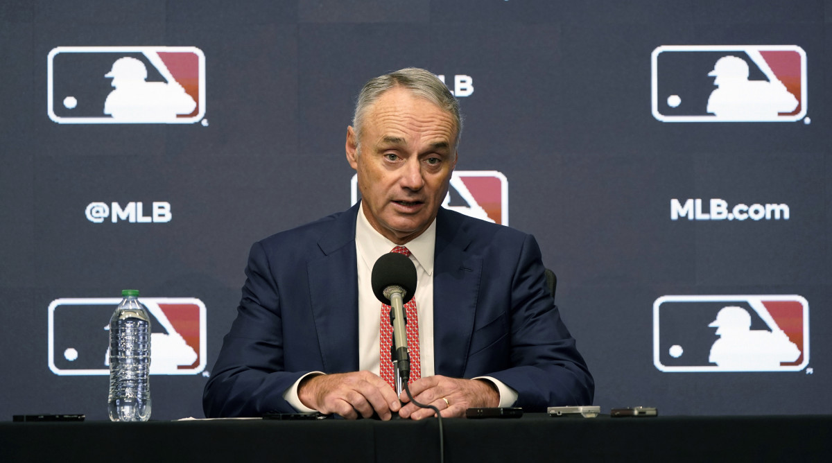 Major League Baseball commissioner Rob Manfred speaks during a news conference in Arlington, Texas, Thursday, Dec. 2, 2021. Major League Baseball and the players’ association met Thursday, Jan. 13, 2022, in the first negotiations between the parties since labor talks broke off Dec. 1.