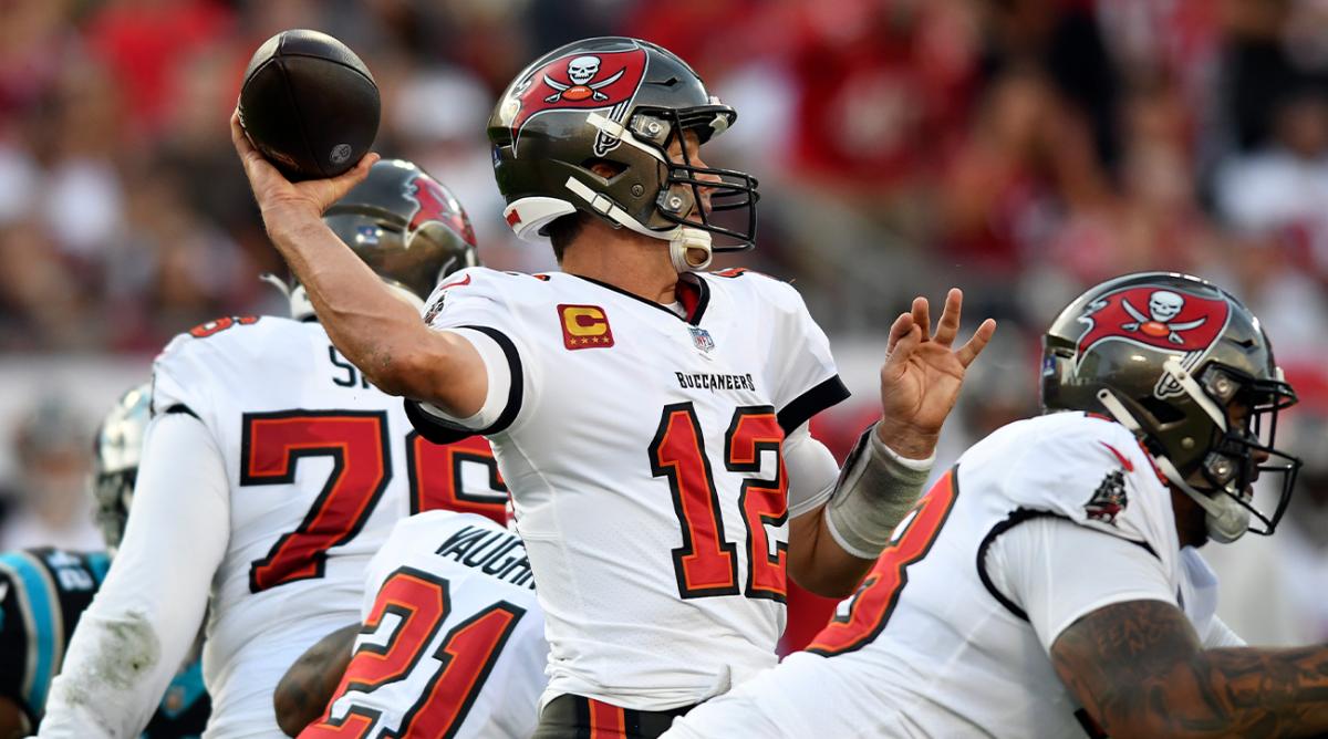 Tampa Bay Buccaneers quarterback Tom Brady (12) throws a pass against the Carolina Panthers during the first half of an NFL football game Sunday, Jan. 9, 2022, in Tampa, Fla.