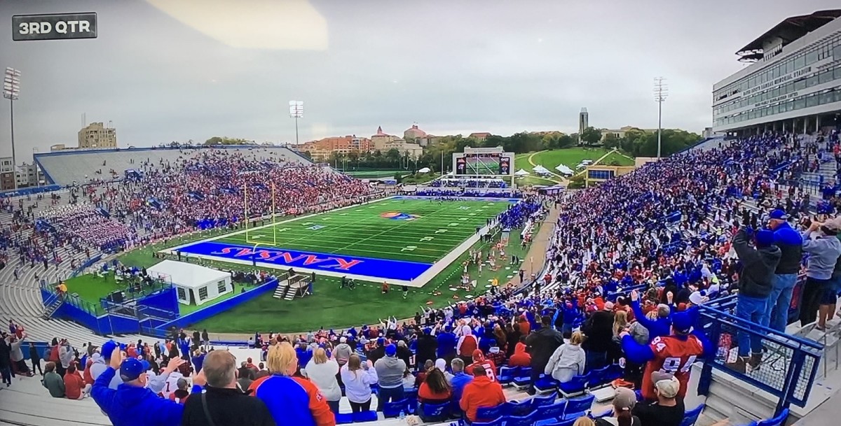 Photo of the ESPN broadcast– Oklahoma at Kansas, 2021. 