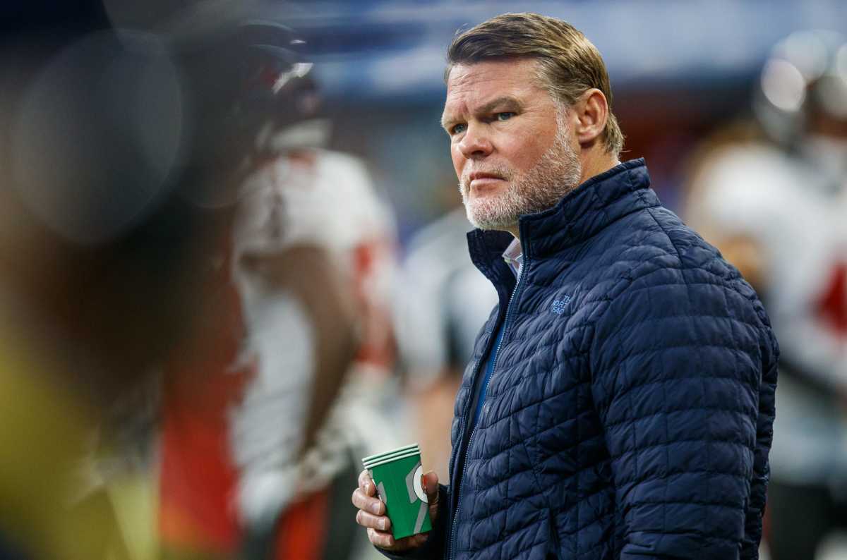 Indianapolis Colts general manager Chris Ballard watches his team warmup Sunday, Nov. 28, 2021, before their game against the Tampa Bay Buccaneers at Lucas Oil Stadium. Indianapolis Colts Host Tampa Bay Buccaneers