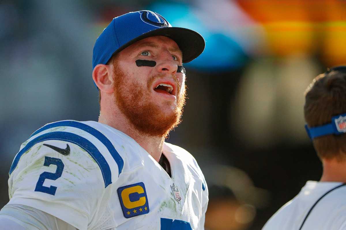 Indianapolis Colts quarterback Carson Wentz (2) looks to the scoreboard late in the fourth quarter of the game on Sunday, Jan. 9, 2022, at TIAA Bank Field in Jacksonville, Fla. The Colts lost to the Jaguars, 11-26. The Indianapolis Colts Versus Jacksonville Jaguars On Sunday Jan 9 2022 Tiaa Bank Field In Jacksonville Fla