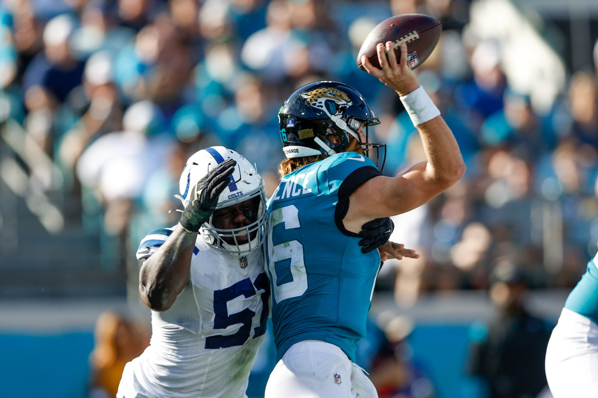 Jan 9, 2022; Jacksonville, Florida, USA; Indianapolis Colts defensive end Kwity Paye (51) moves in against Jacksonville Jaguars quarterback Trevor Lawrence (16) in the second half at TIAA Bank Field. Mandatory Credit: Nathan Ray Seebeck-USA TODAY Sports