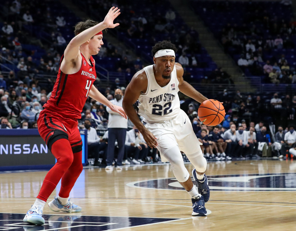 Jalen Pickett leads Penn State in minutes played (36.1) and is second in scoring (13.4 ppg) this season. (Matthew O'Haren/USA Today Sports)