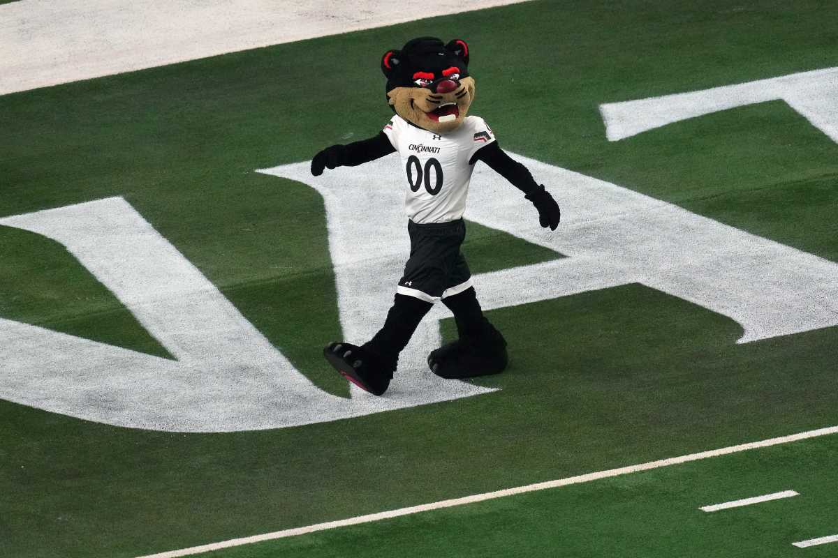 The Cincinnati Bearcats mascot walks through the end zone during a timeout in the third quarter during the College Football Playoff semifinal game against the Alabama Crimson Tide at the 86th Cotton Bowl Classic, Friday, Dec. 31, 2021, at AT&T Stadium in Arlington, Texas. The Alabama Crimson Tide defeated the Cincinnati Bearcats, 27-6.