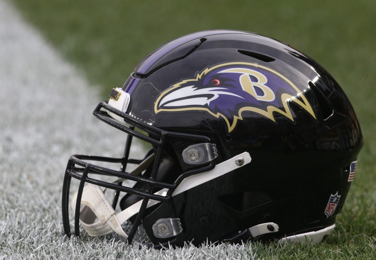 Dec 5, 2021; Pittsburgh, Pennsylvania, USA; A Baltimore Ravens helmet sits on the field against the Pittsburgh Steelers at Heinz Field.