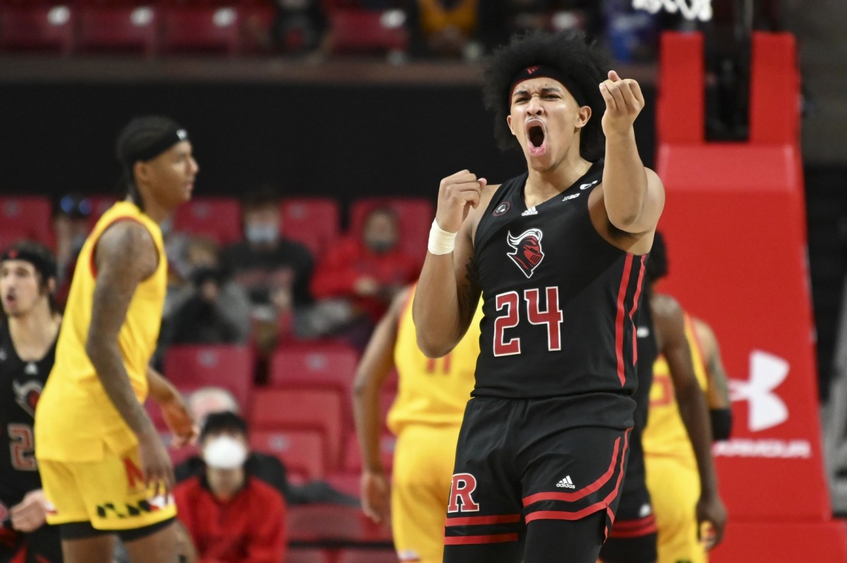 Rutgers forward Ron Harper Jr. (24) reacts after making a three-pointer during the second half against  Maryland. (Tommy Gilligan/USA TODAY Sports)