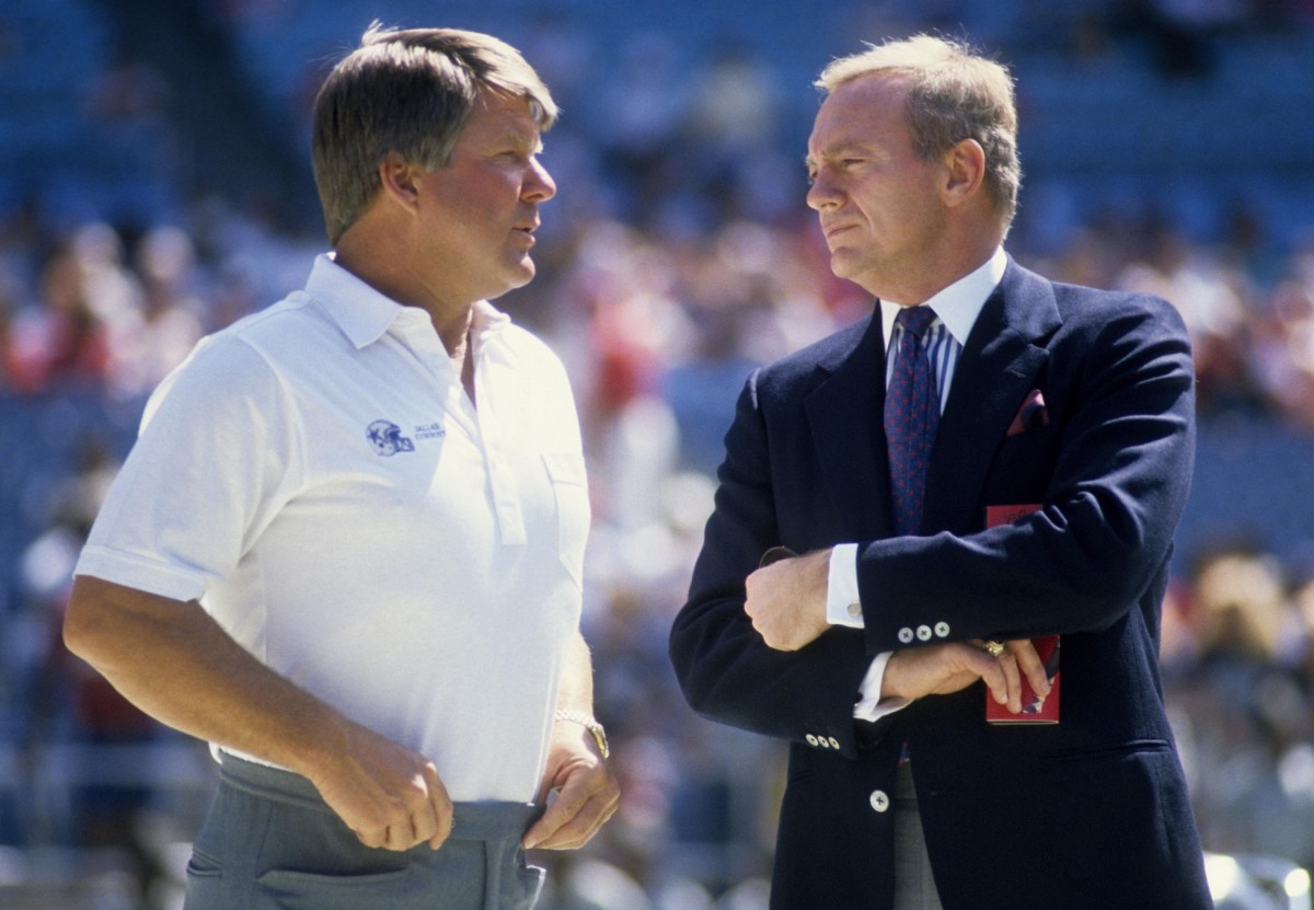 Dallas Cowboys owner Jerry Jones (right) and head coach Jimmy Johnson prior to the game against the Atlanta Falcons at Fulton County Stadium.