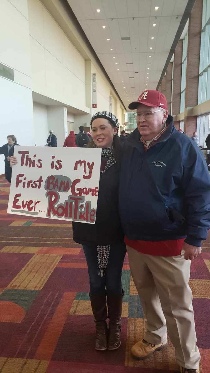 Tommy Ray poses with Emily Pickren in Indianapolis for the Crimson Tide's game with Georgia for the national title on Jan. 10, 2022. It was Pickren's first Alabama game, and Ray's 633rd straight and 659th overall.