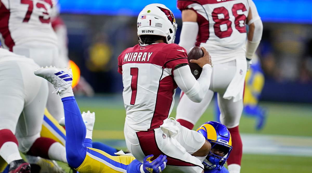 Arizona Cardinals quarterback Kyler Murray (1) is sacked by Los Angeles Rams outside linebacker Von Miller during the first half of an NFL wild-card playoff football game in Inglewood, Calif., Monday, Jan. 17, 2022.