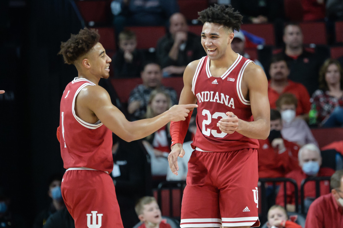 Rob Phinisee and Trayce Jackson-Davis react to a play against the Nebraska Cornhuskers.