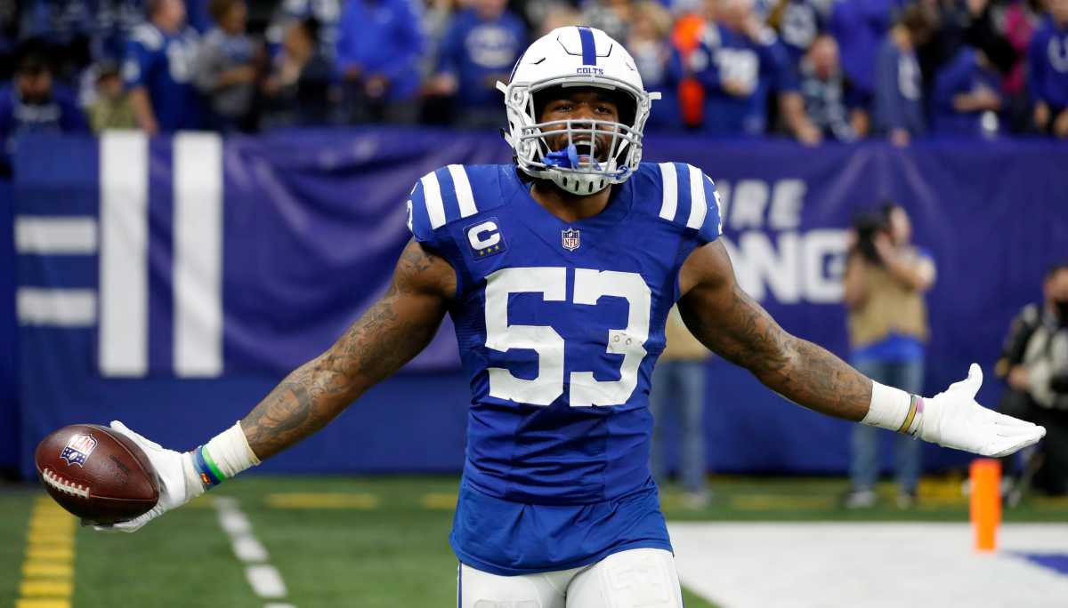 Indianapolis Colts outside linebacker Darius Leonard (53) celebrates after making an interception Sunday, Jan. 2, 2022, during a game against the Las Vegas Raiders at Lucas Oil Stadium in Indianapolis.