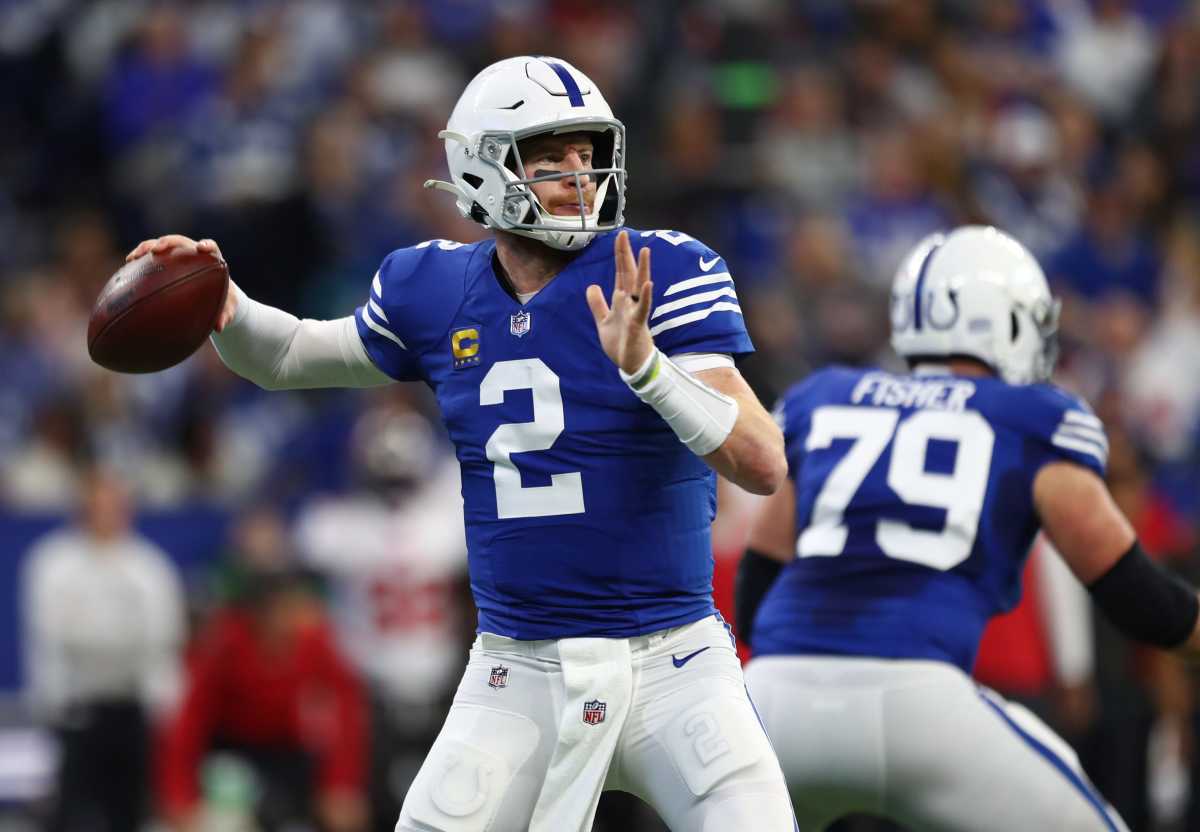 Indianapolis Colts quarterback Carson Wentz (2) looks to pass Sunday, Nov. 28, 2021, during a game against the Tampa Bay Buccaneers at Lucas Oil Stadium in Indianapolis.