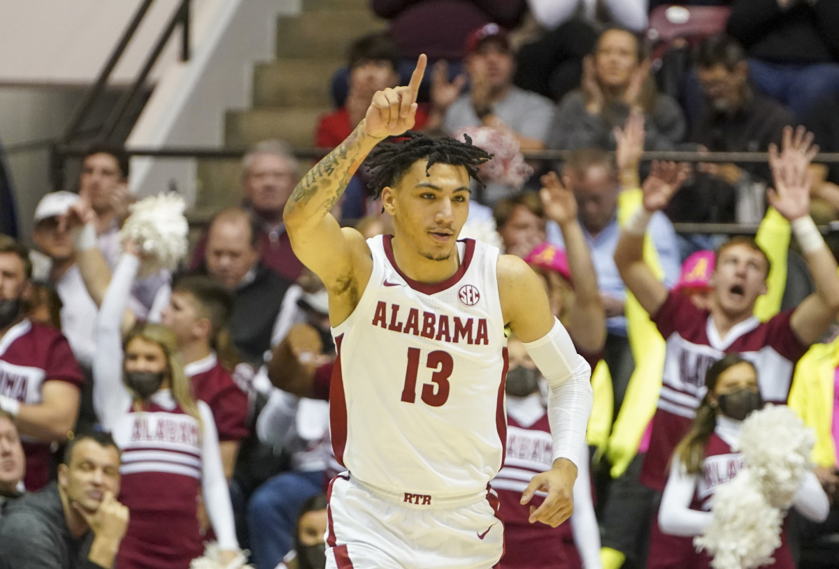 Alabama Crimson Tide guard Jahvon Quinerly (13) reacts after making a shot against the LSU Tigers during the first half at Coleman Coliseum.