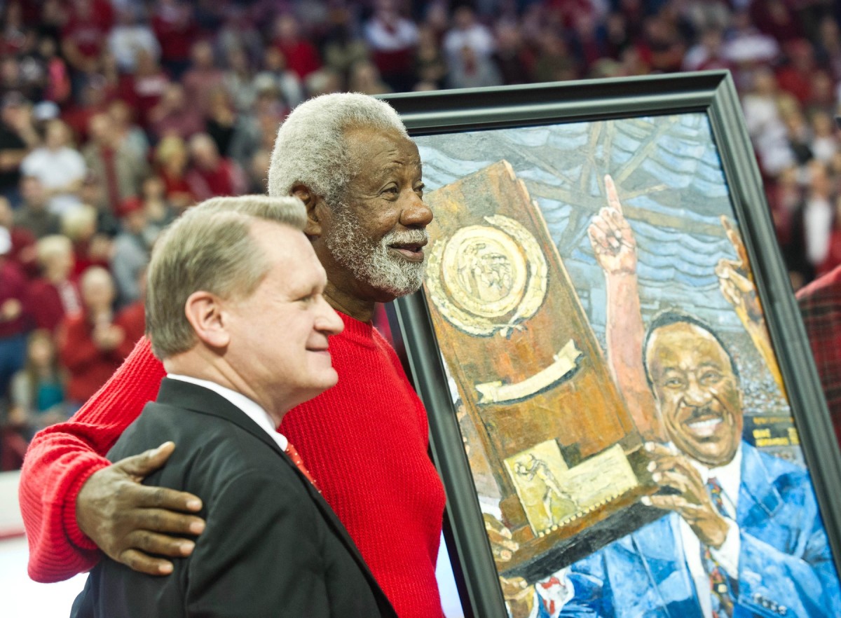 Arkansas Razorbacks former head coach Nolan Richardson smiles during a half time presentation at a game against the Tennessee Volunteers at Bud Walton Arena. Arkansas defeated Tennessee 73-60.