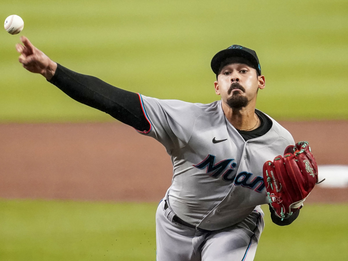 Sep 24, 2020; Cumberland, Georgia, USA;  Miami Marlins starting pitcher Pablo Lopez (49) pitches against the Atlanta Braves during the first inning at Truist Park.