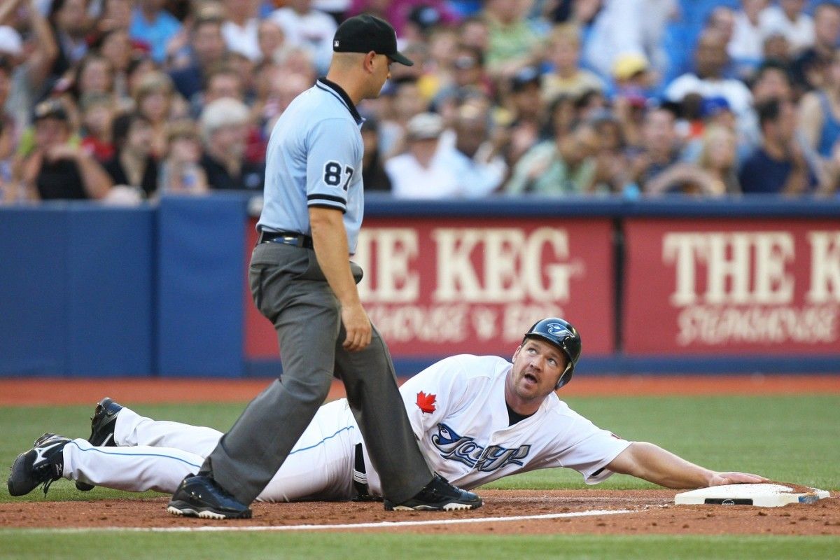 3B Scott Rolen slides into a base for the Toronto Blue Jays