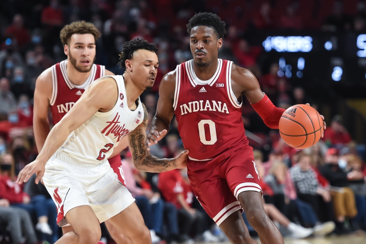 Indiana guard Xavier Johnson (0) dribbles the ball against Nebraska guard Trey McGowens (2) in the second half on Monday. (Steven Branscombe/USA TODAY Sports)