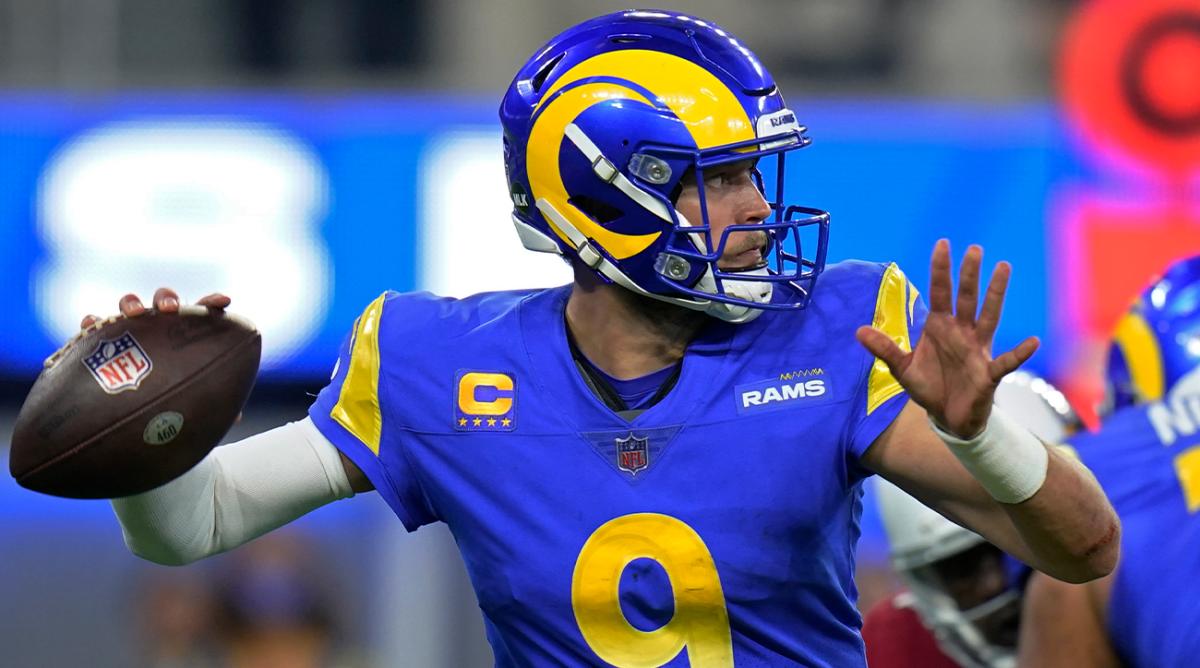 Los Angeles Rams quarterback Matthew Stafford (9) passes against the Arizona Cardinals during the second half of an NFL wild-card playoff football game in Inglewood, Calif., Monday, Jan. 17, 2022.