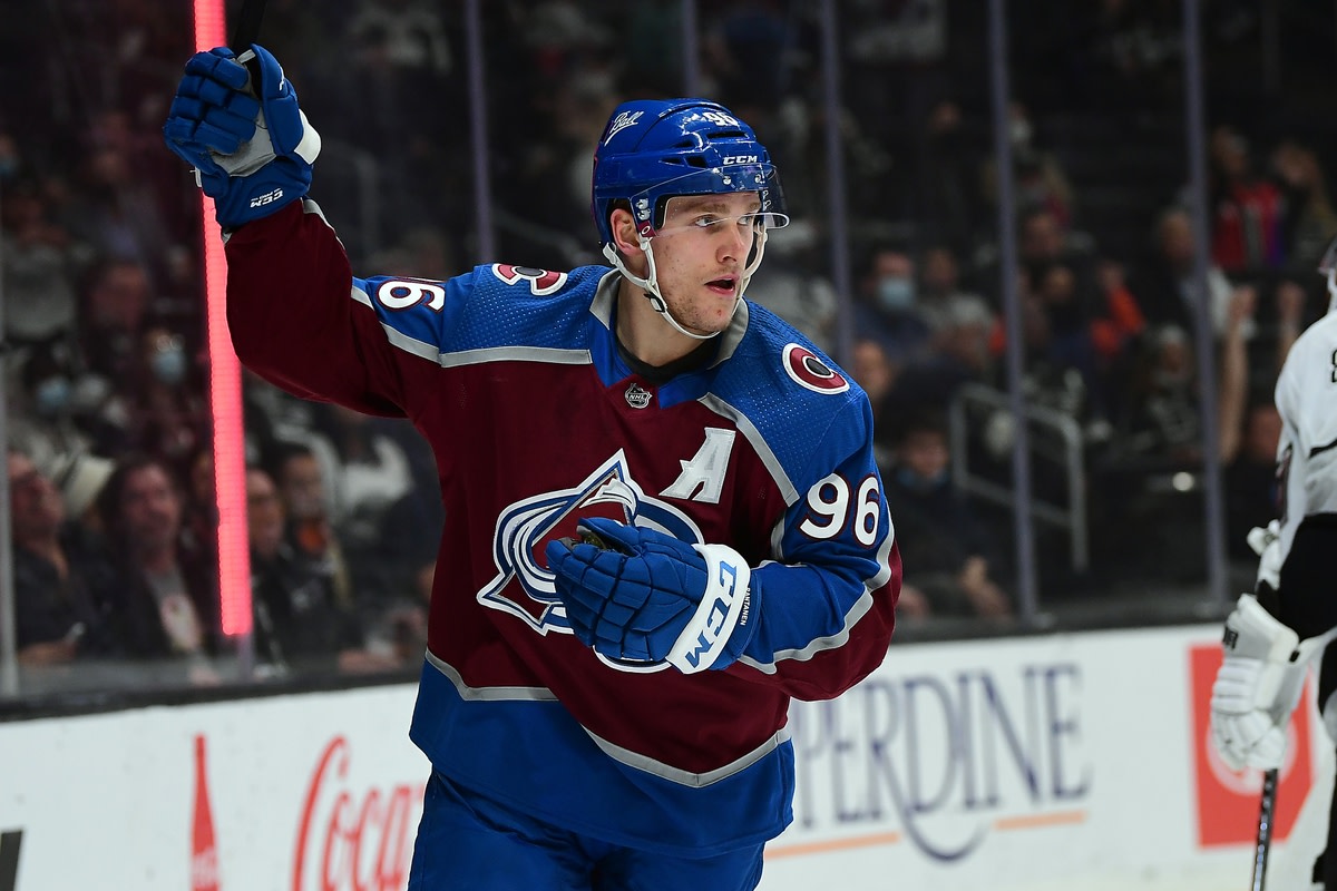 Jan 20, 2022; Los Angeles, California, USA; Colorado Avalanche right wing Mikko Rantanen (96) celebrates his power play goal scored against the Los Angeles Kings during the first period at Crypto.com Arena. Mandatory Credit: Gary A. Vasquez-USA TODAY Sports