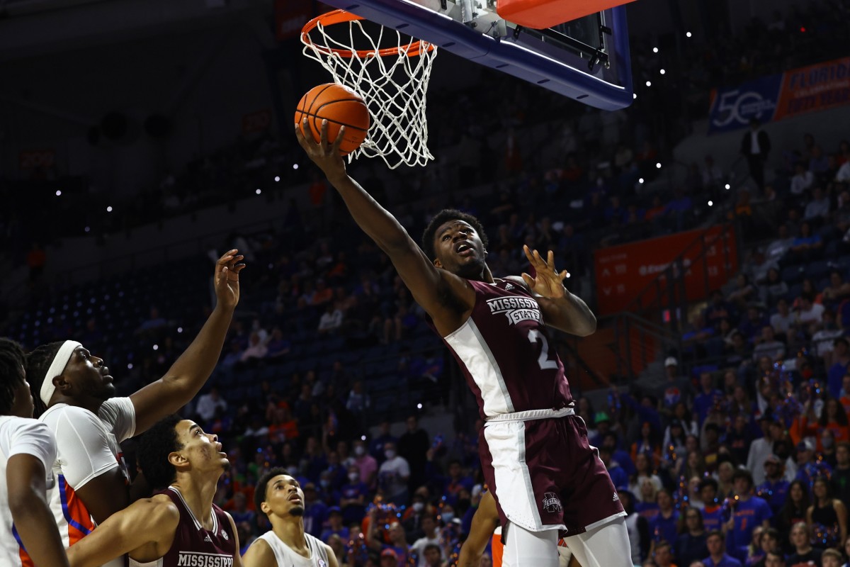 Mississippi State Bulldogs forward Javian Davis (2) makes a layup against the Florida Gators during the first half at Billy Donovan Court at Exactech Arena.