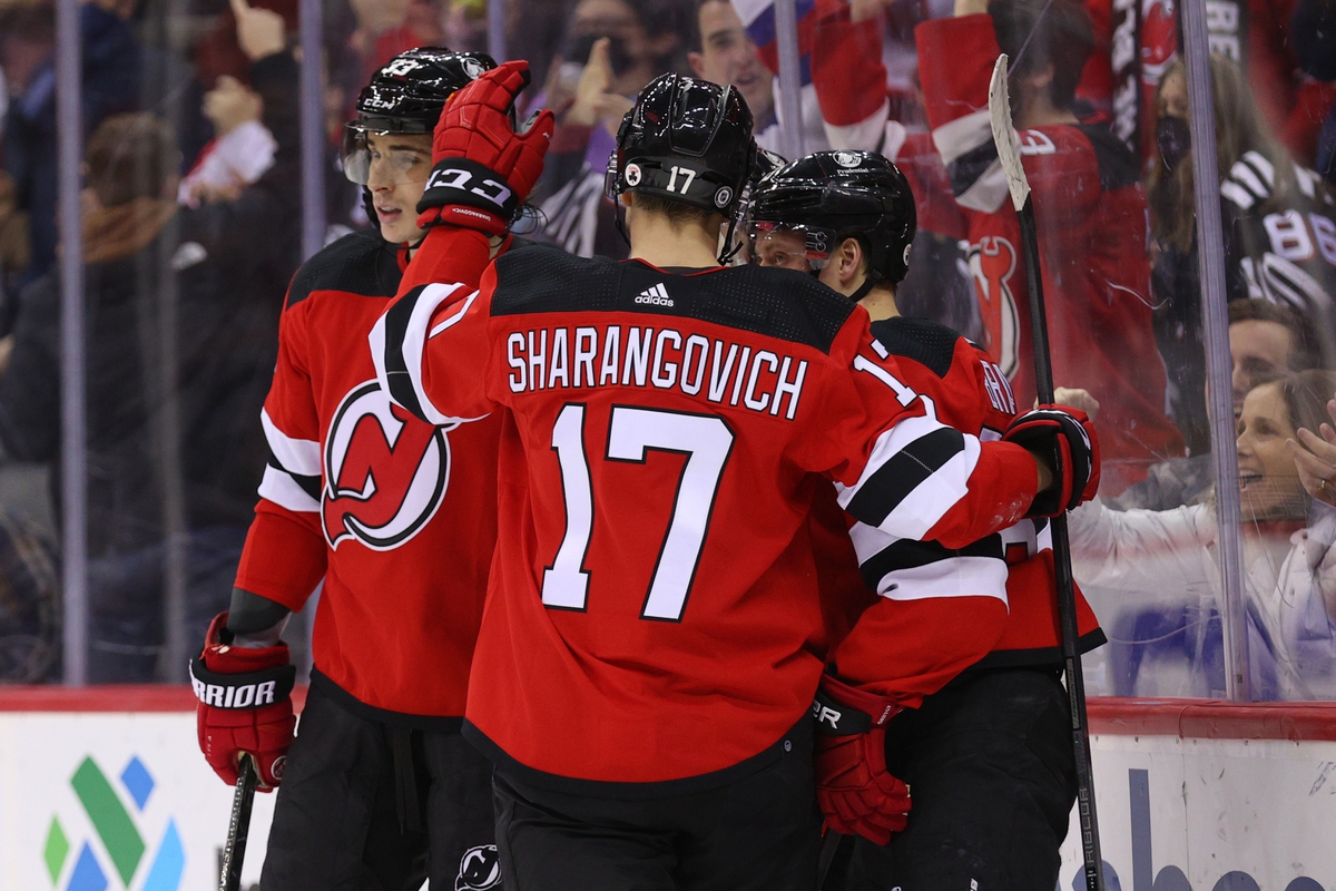Jan 22, 2022; Newark, New Jersey, USA; New Jersey Devils left wing Jesper Bratt (63) celebrates after a goal against the Carolina Hurricanes during the second period at Prudential Center. Mandatory Credit: Ed Mulholland-USA TODAY Sports