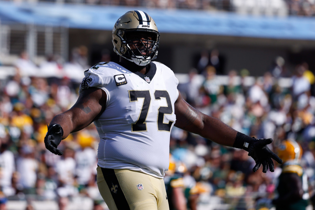 Sep 12, 2021; Jacksonville, Florida, USA; New Orleans Saints offensive tackle Terron Armstead (72) reacts in the second quarter against the Green Bay Packers at TIAA Bank Field. Mandatory Credit: Nathan Ray Seebeck-USA TODAY Sports