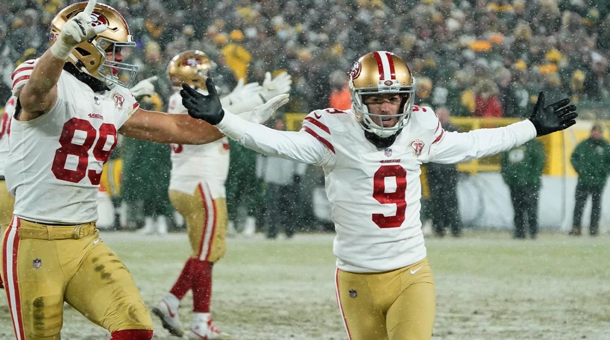 San Francisco 49ers' Robbie Gould celebrates after making the game-winning field goal during the second half of an NFC divisional playoff NFL football game against the Green Bay Packers Saturday, Jan. 22, 2022, in Green Bay, Wis. The 49ers won 13-10 to advance to the NFC Chasmpionship game.
