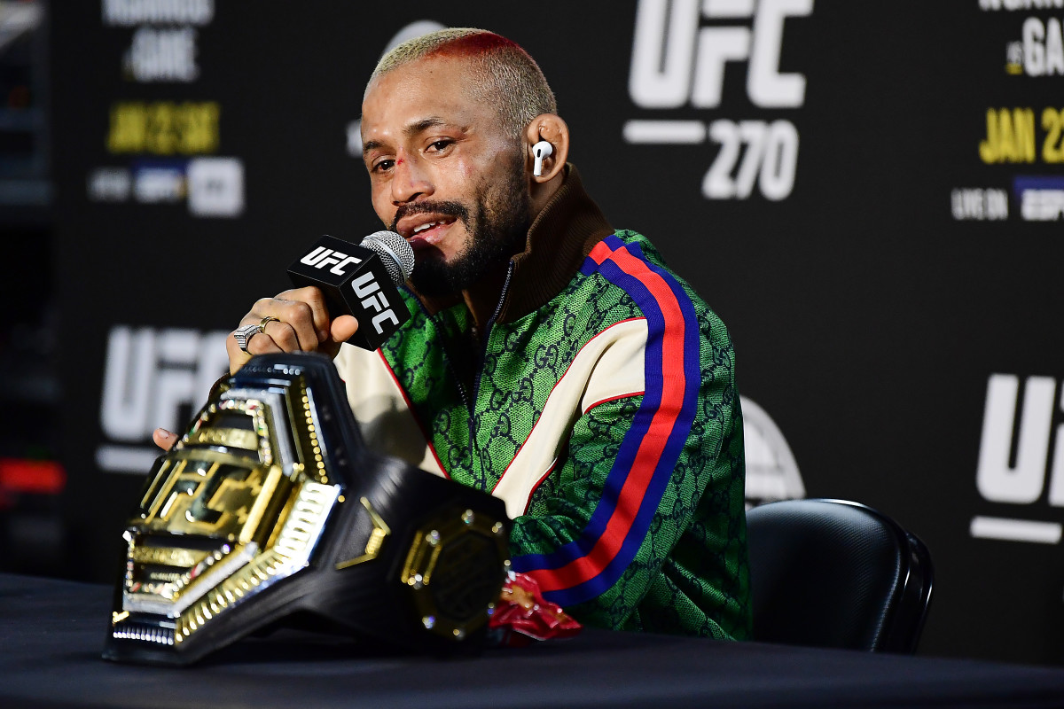 Figueiredo speaks with the media after his championship victory over Moreno (not pictured) at UFC 270.