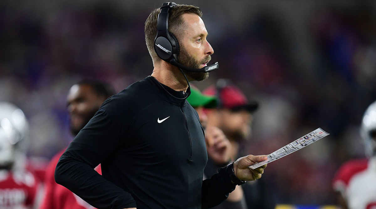 Arizona Cardinals head coach Kliff Kingsbury watches game action against the Los Angeles Rams during the second half in the NFC Wild Card playoff football game.