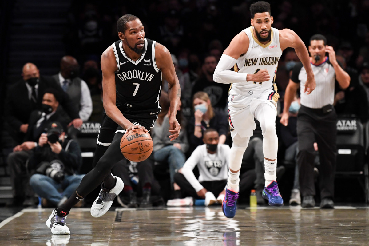Brooklyn Nets forward Kevin Durant (7) dribbles the ball against the New Orleans Pelicans during the first quarter at Barclays Center.