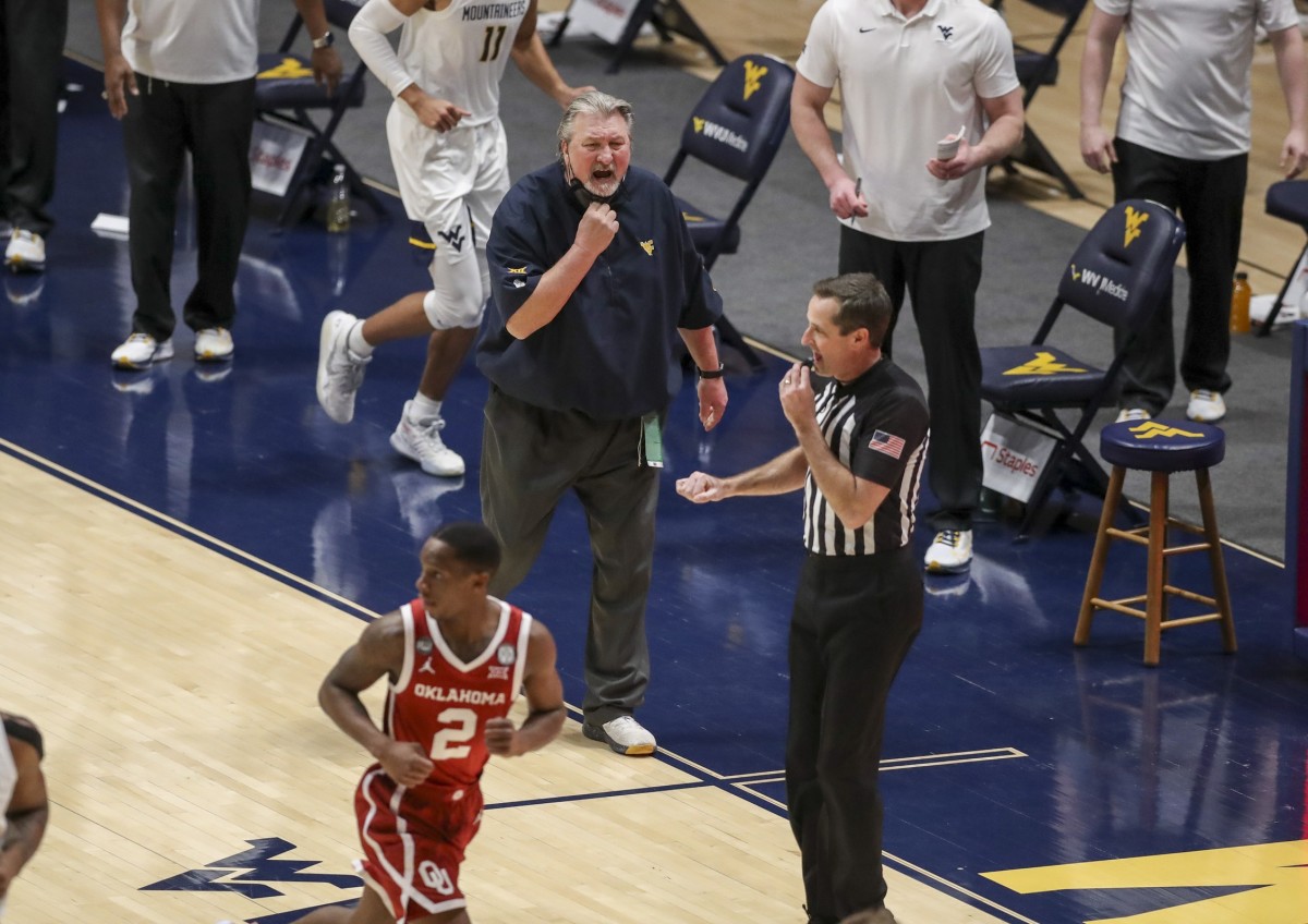 West Virginia Mountaineers head coach Bob Huggins argues a call during the second half against the Oklahoma Sooners at WVU Coliseum.