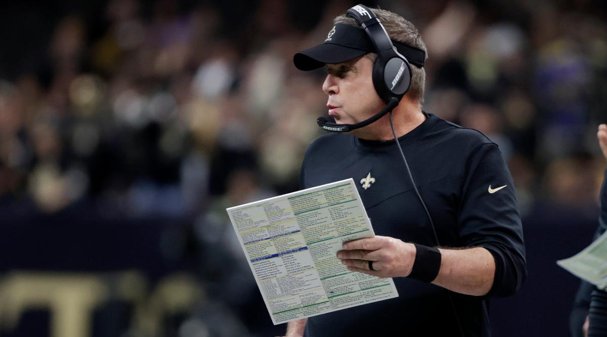 New Orleans Saints head coach Sean Payton calls out from the sideline in the first half against the Carolina Panthers.