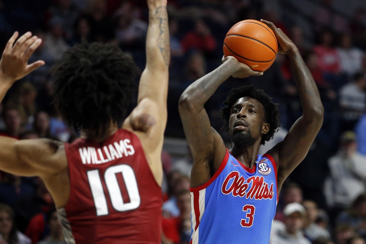 Mississippi Rebels center Nysier Brooks (3) shoots for three during the second half against the Arkansas Razorbacks at The Sandy and John Black Pavilion at Ole Miss.