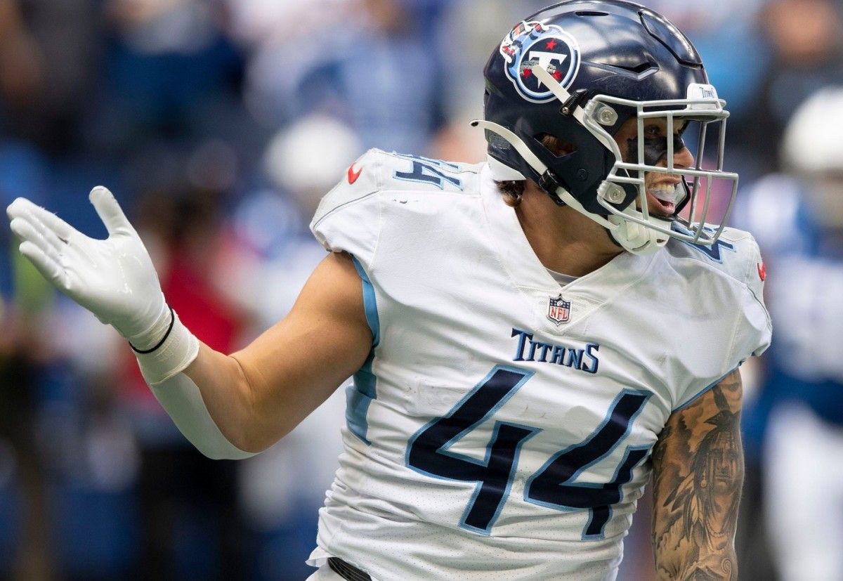 Tennessee Titans fullback Tory Carter (44) celebrates a tackle during a kick return in the first quarter against the Indianapolis Colts at Lucas Oil Stadium Sunday, Oct. 31, 2021 in Indianapolis, Ind.