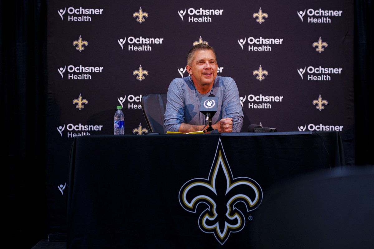 New Orleans Saints head coach Sean Payton speaks during a press conference at Ochsner Sports Performance Center.