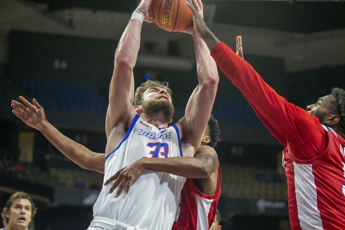 Dec 28, 2021; Boise, Idaho, USA; Boise State Broncos forward Mladen Armus (33) shoots during the second half against the Fresno State Bulldogs at ExtraMile Arena. Boise State defeats Fresno State 65-55. Mandatory Credit: Brian Losness-USA TODAY Sports

