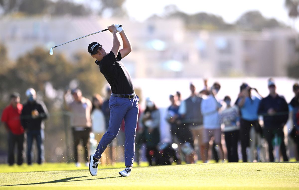 Justin Thomas plays his second shot on the tenth hole during the second round of the Farmers Insurance Open golf tournament at Torrey Pines Municipal Golf Course - North Course.